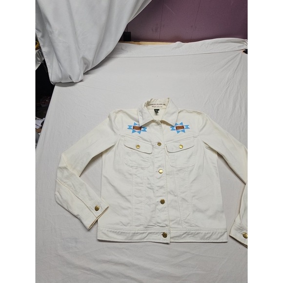 Ralph Lauren Women's White Jean Trucker Southwestern Jacket Size Med Beaded - Picture 2 of 16